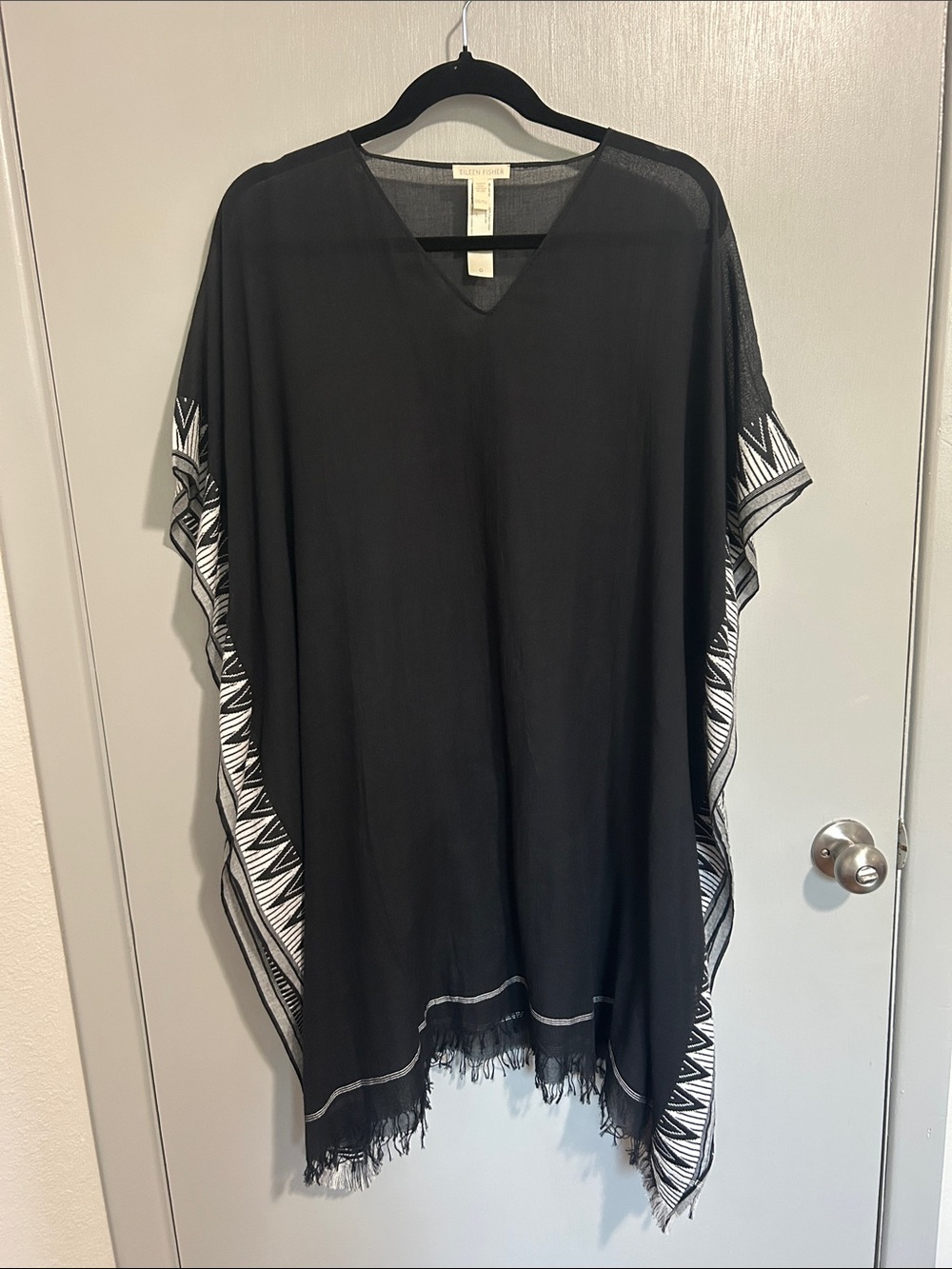 Eileen Fisher Organic Cotton Fringe-Trim Poncho with Geometric Trim and Frayed